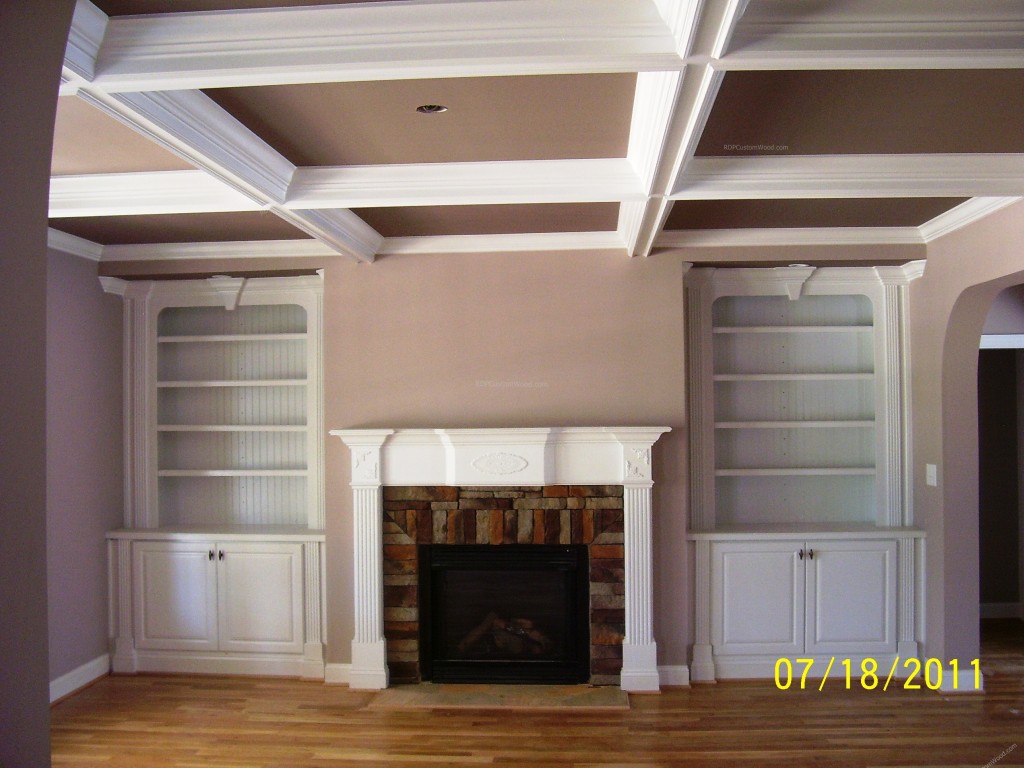 Custom Wood Fireplace Mantle, Built In's and Coffered Ceilings